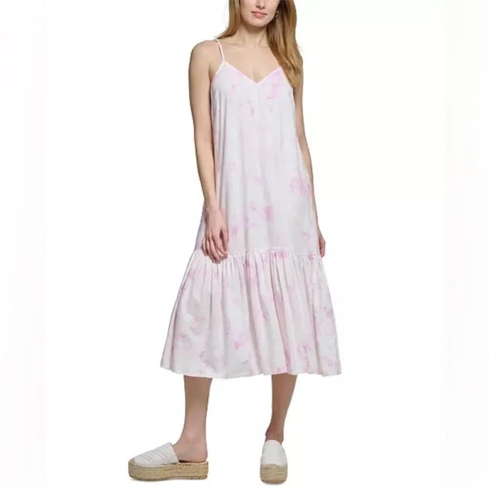 DKNY Womens Orchid Pink Linen Blend Maxi Dress V-Neck Tiered Size XS Sleeveless